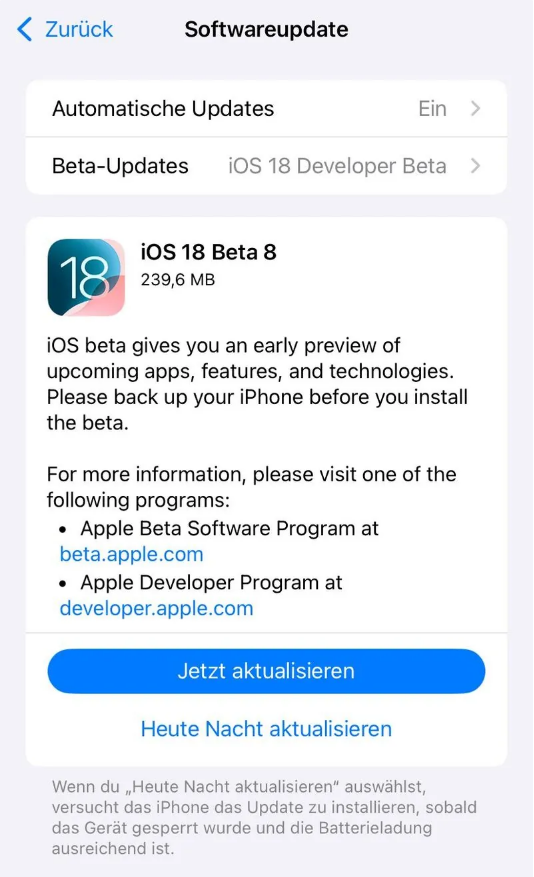 临汾苹果手机维修分享苹果 iOS / iPadOS 18 开发者预览版 Beta 8 发布 